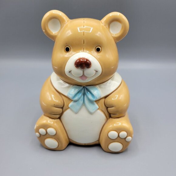 Vintage Lefton Geo Z. Teddy Bear Money Bank Light Brown Blue Bow Ceramic - Picture 2 of 13